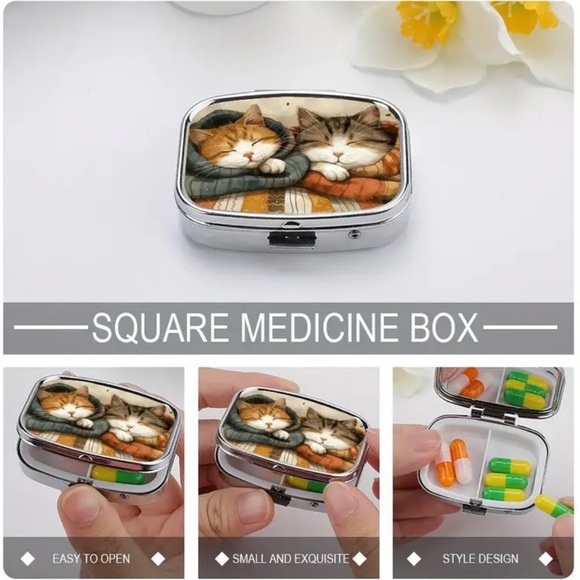 NEW| Cute Whimsical Cozy Cat Pattern Portable Pill Box Case Trinket Organizer - Picture 12 of 13